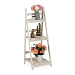 Relaxdays Flower Ladder Rack, For Indoors & Balcony, Shabby-Chic, Standing, Folding, Plant Stand, 3 Tiers, White