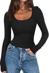 Zeagoo Tee Shirt Femme Sexy Couleur Unie Tops pour Y2K Tops en Maille CôteléE Manches Longues Col Rond Tight Shirt Basic Tricot Tops Noir XXL