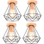 Axhup - Rétro Diamant Plafonnier Industrielle Cage en Métal et Bois E27 40W Noir 4PCS