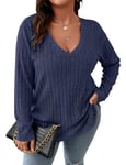 Gemulate Womens Jumpers, Cardigans & Sweatshirts Long Sleeve Casual Oversized Deep v Neck Sweater Ladies Winter Top Deep Blue XX-Large