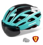 Shinmax Casque de Vélo avec éclairage LED, Casque Velo pour Homme Femme Casque Vélo avec Lunettes Magnétique et Amovible Visiere Casque VTT et VTC avec éclairage de Sécurité Route Ski Snowboard NR-096