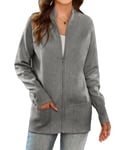 GRACE KARIN Gilet Femme Long Manche Longue Hiver Cardigan Femme Col Montant avec Poches Chic et Elegant Gris Foncé -4 M