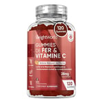 Fer Gummies & Vitamine C - 120 Gummies Vegan Fer (4 Mois), Pour Métabolisme, Hémoglobine, Globules Rouges, Immunité (EFSA), Alternative aux Comprimés, Gummies Vitamine C & Fer, Goût Naturel de Pêche