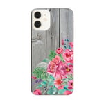 Coque iphone 12 MINI effet bois gris fleur rose