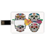 8G USB Flash Drives Credit Card Shape Sugar Skull Decor Memory Stick Bank Card Style Different Types of Skulls Rich Colorful Ornaments Roses Border Carnival Decorative,Multicolor Waterproof Pen Thumb