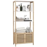 HOMCOM Meuble de Salle de Bain avec 3 étagères Armoire de Rangement Haute en Bambou 1 Placard avec Portes à Lattes Base surélevée 63 x 30 x 138 cm Bois Naturel et Blanc