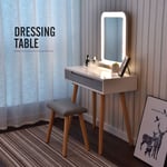 Coiffeuse avec LED Miroir Style Moderne Table de maquillage et tabouret,Miroir carré + 2 tiroirs - Blanc