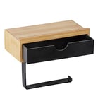 WENKO Porte Papier Toilette en Bois avec Support Smartphone Bambusa | Dérouleur Papier avec tiroir de Rangement | Installation sans perçage | Design Loft | Bambou| 18,5 x 14 x 10,5 cm | Noir et Bois