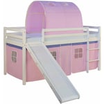 Décoshop26 - Lit mezzanine pour enfant avec sommier toboggan tunnel rideau modèle rose 90x200 cm