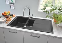 GROHE Kitchen Set of Concetto & K400 Sink – (Granite Black Quartz Composite Sink with Drainer 1 Bowl 335x420x205mm 0.5 Bowl 155x295x146mm Overall 100x50cm, Chrome Pullout Tap Size 381mm Tails 3/8Inch)