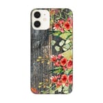 Coque iphone 12 MINI effet bois gris fleur rouge