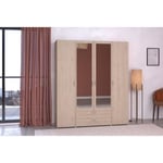 Armoire VARIA - Décor chêne - 4 portes - 2 tiroirs - Portes centrales avec miroirs - 159,9 x 185 x 51,7