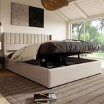 Lit coffre capotonné - lit double de rangement lit hydraulique avec sommier à lattes en bois + tête de lit structure en métal lit adulte en lin
