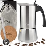 Milu cafetière Italienne (2 Tasses Non Induction) | 2, 4, 6, 9 Tasses | Cafetière Moka en INOX, Espresso Maker, Ensemble comprenant un sous-verre, une cuillère, un pinceau (2 tasses 100ml)