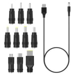 3A Cable USB vers DC 1m avec 10 Embouts DC Adapter pour Chargeur Secteur 5.5 x 2.1mm DC Barrel Jack Universel Convertisseur de Prise Alimentation pour Ordinateur Portable, Routeur etc