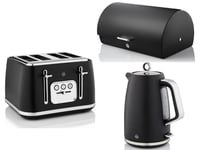 Swan Serenity Black Kettle 4 Slice Toaster & Bread Bin Matching Kitchen Set