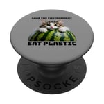 Save The Environment Eat Plastic Funny Microplastics Cat PopSockets Adhesive PopGrip