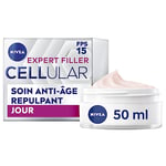 NIVEA CELLULAR Expert Filler Soin de jour FPS15 (1 x 50 ml), Crème visage anti-âge raffermissant enrichi en acide folique pur et acide hyaluronique, Soin repulpant pour peaux matures