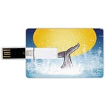 16G USB Flash Drives Credit Card Shape Whale Memory Stick Bank Card Style Whales Tail in Ocean on Full Moon Diving in Water Swimmer Marine Animal Print,Yellow Grey Blue Waterproof Pen Thumb Lovely Jum