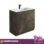 900 Bathroom Vanity Unit Urban Brown Freestanding Storage Cupboard & White Sink