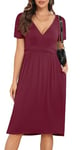 CHANGMU Women's Midi Dresses Ladies Summer Wrap Dress Casual Short Sleeve Frocks with Pockets, Wine Red, XX-Large