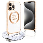 Pnakqil Coque Magnétique pour iPhone 15 Pro Max Con Cordon, Compatible avec MagSafe, Silicone Housse avec Fleur Motif, Réglable Collier Lanyard pour iPhone 15Pro Max 6.7", Blanc