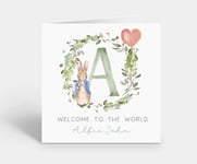 Personalised Baby Boy Card Welcome to the world Green Peter Rabbit & Name