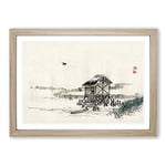 Big Box Art Cottage in The River by Kono Bairei Framed Wall Art Picture Print Ready to Hang, Oak A2 (62 x 45 cm)