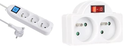 Bloc 3 Prises avec Interrupteur/fiche Plate 1,5 m Blanc & 531192 Adapteur Fiche Multiprise Biplite avec Interrupteur 2 Prise 16A,Blanc