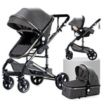 3 en 1 Poussette Combinée Landau Poussette Canne Poussette Citadine Poussette Système de Voyage pour Bébé Poussette Paysage Haute pour Bébé Inclinable Pliable Poussette Standard (739 Grey)