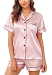 Lovasy Pyjama Satin Femme Short Ensemble Pyjamas Manches Courtes Chemises de Nuit Sexy Chic Ete 2 Pièces Vêtements de Nuit en Soie Boutonnée,Rose Chair M