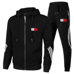 Män TomyJeans Helzippade Tryckt Hoodie Jacka Långa Sweatpants Joggers Sport Gym Tracksuit Set Black S