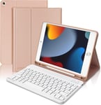 Coque Clavier Pour Ipad 9ème Generation 2021/Ipad 8ème Generation 2020/Ipad 7ème Generation 2019/ Ipad Air 3, Azerty Clavier Bluetooth Détachable Avec Pen Holder Pour Ipad 10.2/10.5, Rose