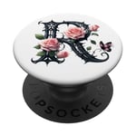 Letter R Initial Floral Monogram Rose Pink Flower Butterfly PopSockets PopGrip Adhésif