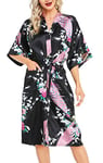 Lovasy Peignoir Satin Femme Robes de Chambre et Kimonos de Mariée Robes de Chambre Soie Court Kimono Col V avec Ceinture, Noir M