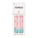 KISS imPRESS – Manucure à presser, goutte de rosée, carré de longueur moyenne, avec technologie PureFit, tampon de préparation, mini lime, bâton à cuticules et 30 faux ongles