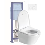 Pack wc suspendu compact sans bride Duravit D-Neo avec abattant frein de chute + bati support siamp + Plaque de commande blanche