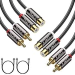 J&D 2 RCA to 2 RCA Cable, 2-Pack Gold Plated Copper Shell Heavy Duty 2RCA Male to 2RCA Female Stereo Audio Extension Cable, RCA Cable, 1.8 Meter