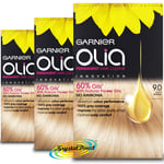 3x Garnier Olia 9.0 Light Blonde Permanent Hair Colour Dye No Ammonia
