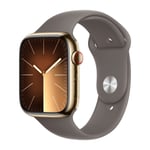 Apple Watch Series 9 GPS + Cellular 45 mm, guldfarvet Rustfrit stål urkasse med Ler sportsrem - M/L
