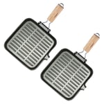 SOGA 2X 24cm Ribbed Cast Iron Square Steak Frying Grill Skillet Pan with Folding Wooden Handle - Frying Pans - ZPai010X2