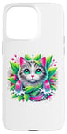 iPhone 15 Pro Max Beloved Cat with Green Leaves Cat Lovers Pink Waterfalls Case