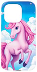 iPhone 15 Pro Pink Unicorn with Clouds and a Bright Rainbow Case