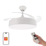 M Ledme - Ventilateur de Plafond avec Lumière Led Messe 72W Blanc, Télécommande, 6 vitesses, Silencieux,4 Pales déployantes, fonction été-hiver, minuterie. Avec APP