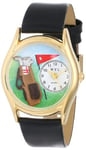 Whimsical Watches Golf Bag Black Leather and Goldtone Unisex Quartz Watch with White Dial Analogue Display and Multicolour Leather Strap C-0820010