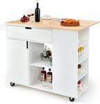 Desserte De Cuisine Desserte À Roulettes En Bois Avec Placard, Étagère Ouverte Et Tiroir, Plateau Extensible Pliable, Support À Épices, Porte-Serviettes, 124 X 76 X 92 Cm, Blanc