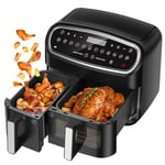 SCUXASH Dual Air Fryer, 10L XXL Visual Airfryer - 12 Presets, Timer Function, Dishwasher-Safe Baskets, Double Drawer Air Fryer for Whole Chicken - Family Size, Black