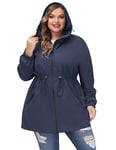 Hanna Nikole Manteau Imperméable Long À Capuche Pour Femme - Coupe-Vent Léger Et Imperméable Avec Fermeture Éclair Veste De Sport Avec Poches Bleu Foncé 50