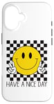 Coque pour iPhone 16 Have a Nice Day, sourire rétro des années 70, visage souriant à carreaux