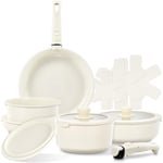 FOHERE 16 pièces Casseroles et Poêles, Casseroles avec Poignée Amovible, antiadhésive revêtement céramique anti-adhésif, Poele 20cm/28cm, Casserole 18/20cm, Sauteuse 26cm, Blanc